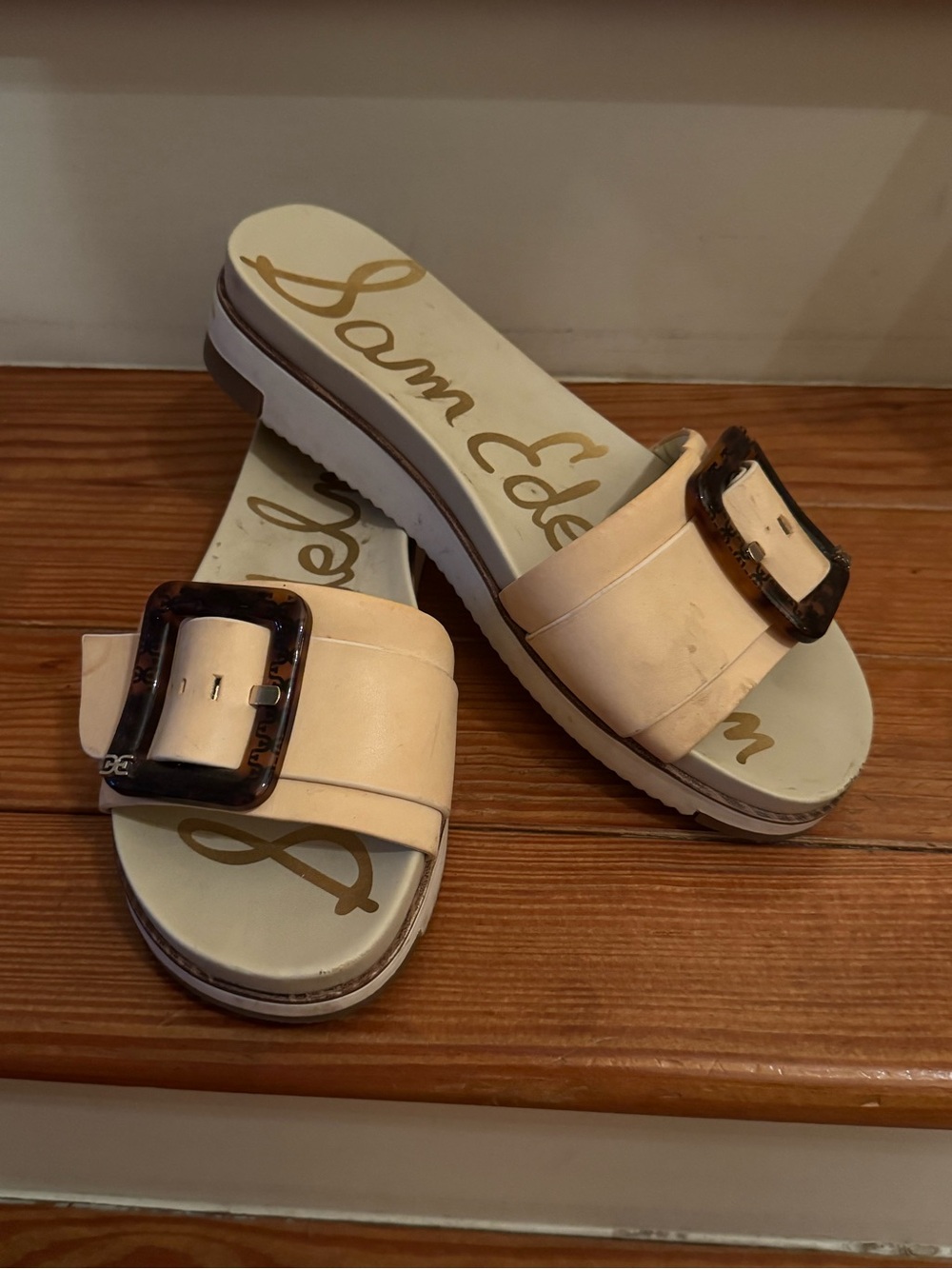 Sam Edelman Cream Slide Sandals with Tortoiseshell Accent Buckle - Picture 10 of 10